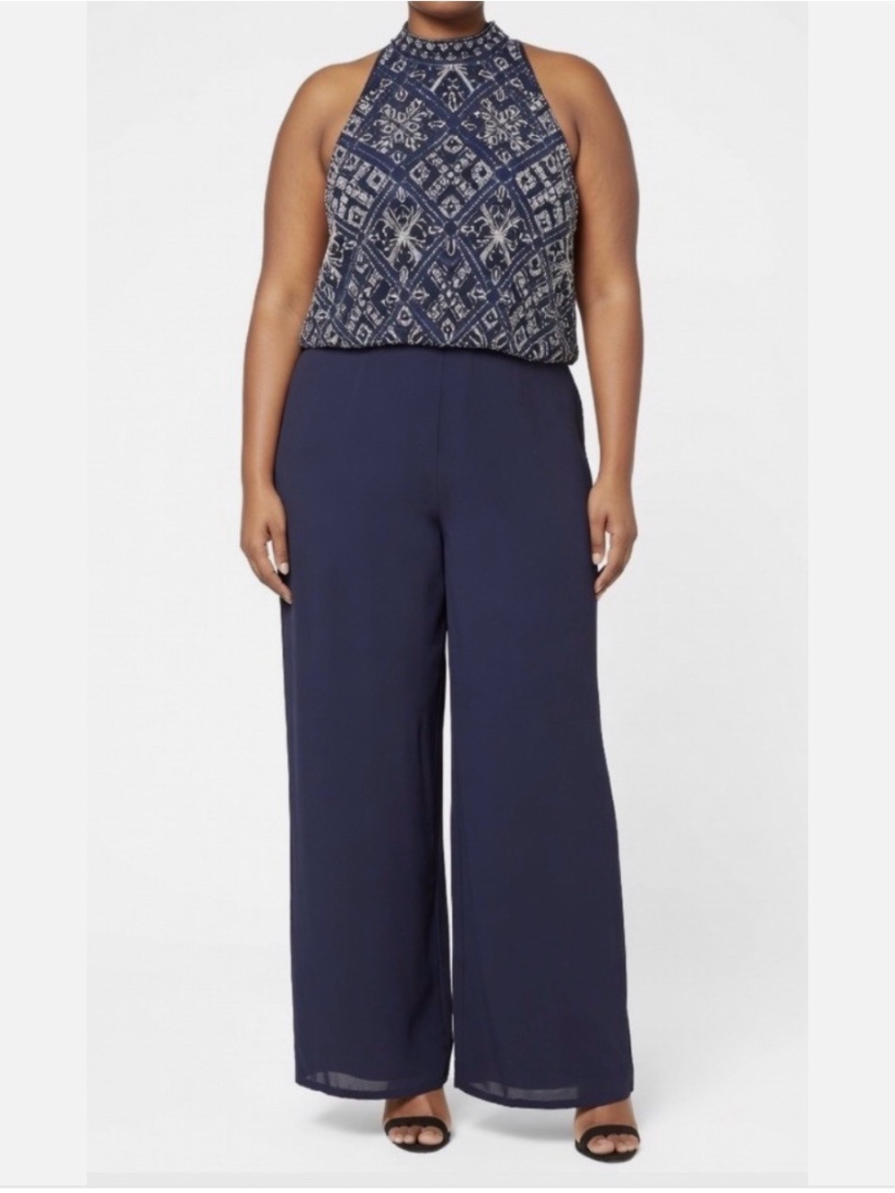 NWT Adrianna Papell Navy Blue Beaded Blouson Jumpsuit Wide Leg Palazzo 16W Plus